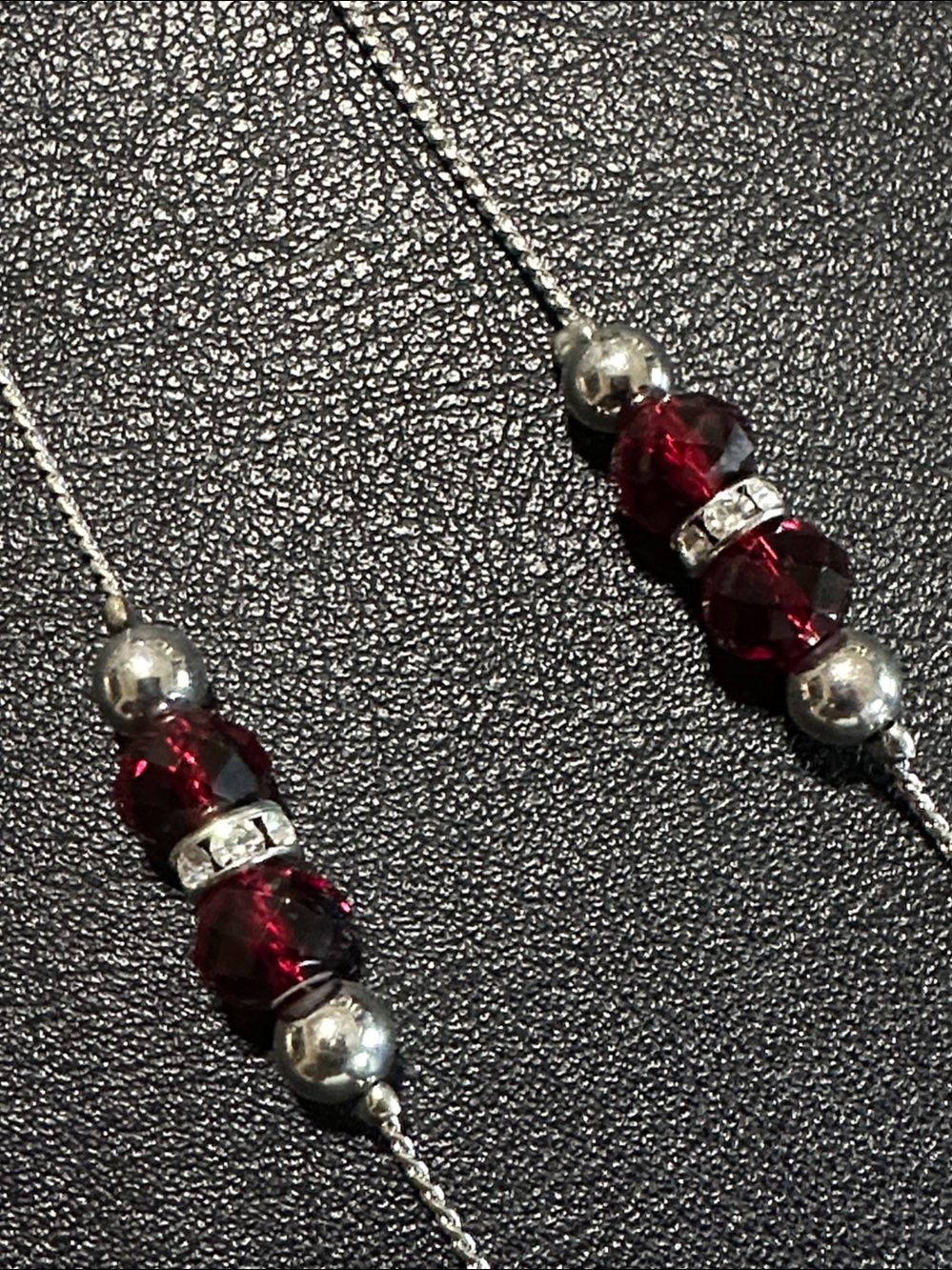 Scroll and Dots Faceted Red Crystal Silver Tone Long Necklace - Picture 11 of 13